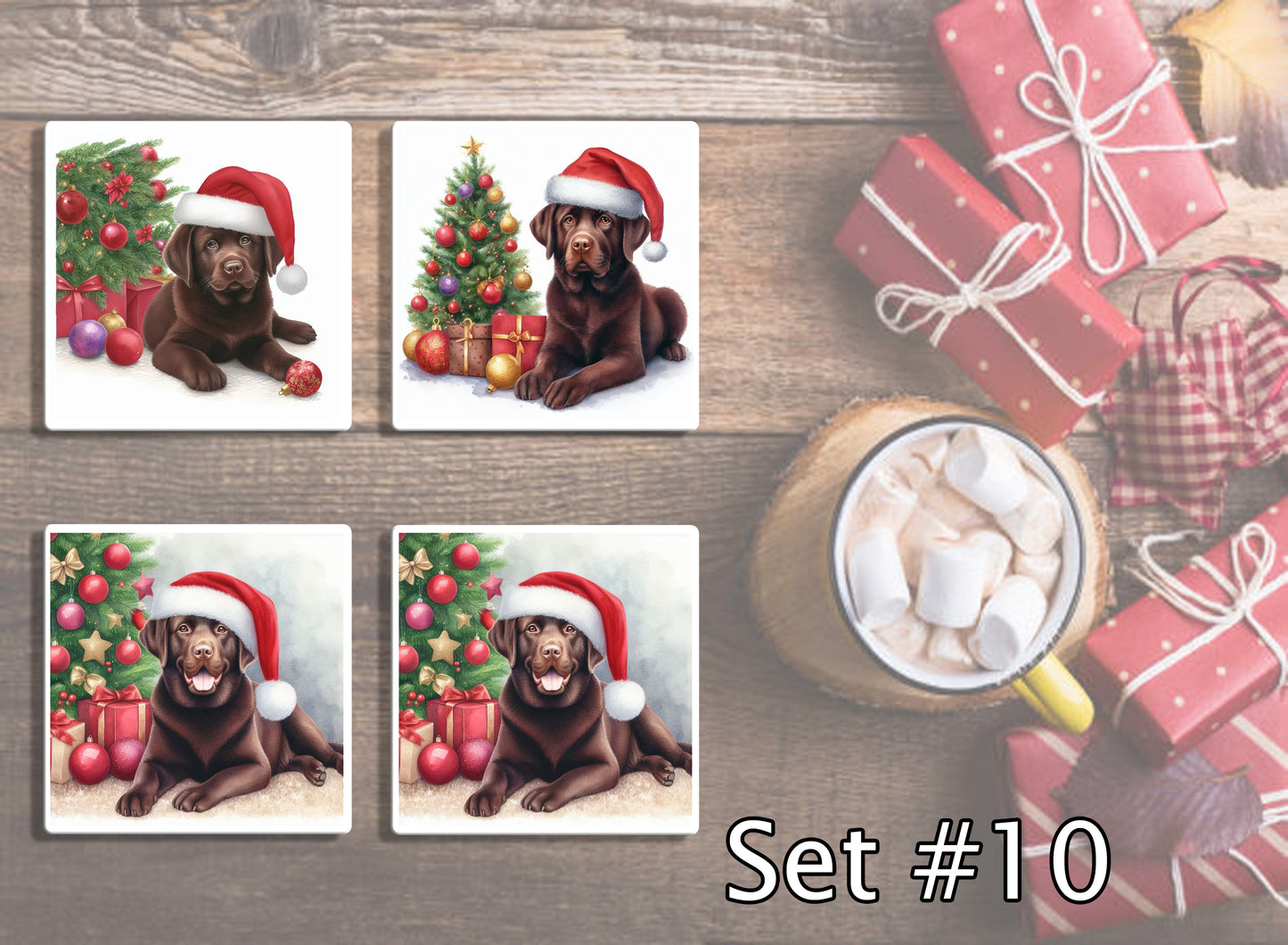 4" Dogs With Santa Hats Christmas Ceramic Coasters