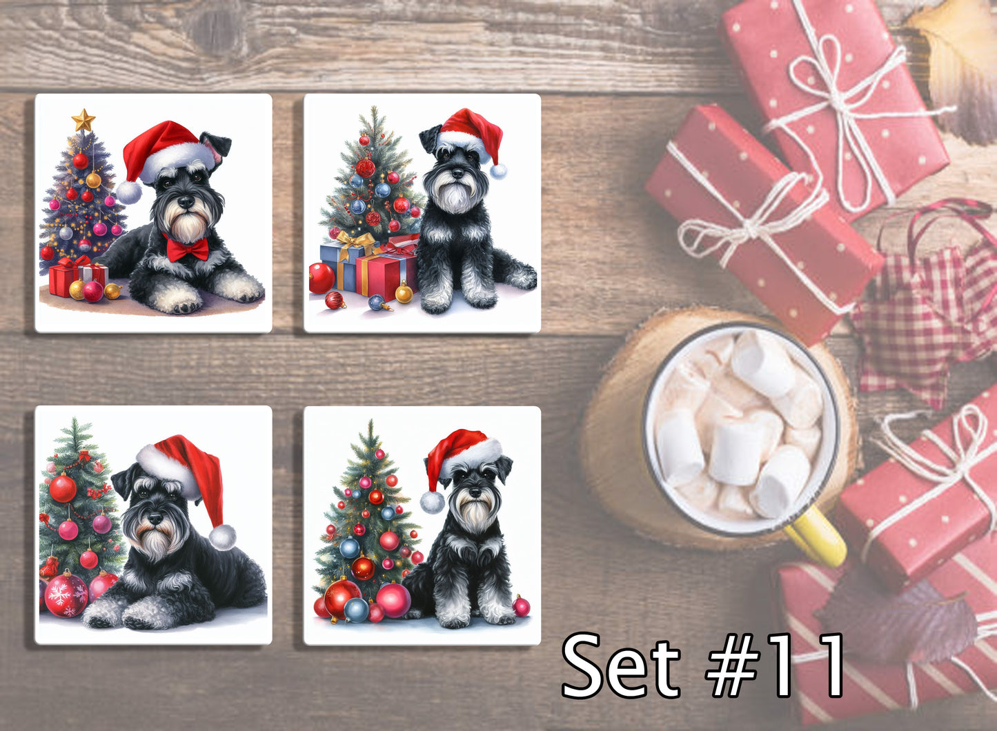 4" Dogs With Santa Hats Christmas Ceramic Coasters
