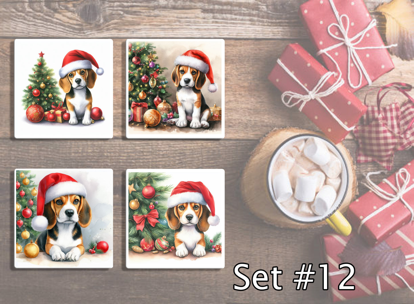 4" Dogs With Santa Hats Christmas Ceramic Coasters