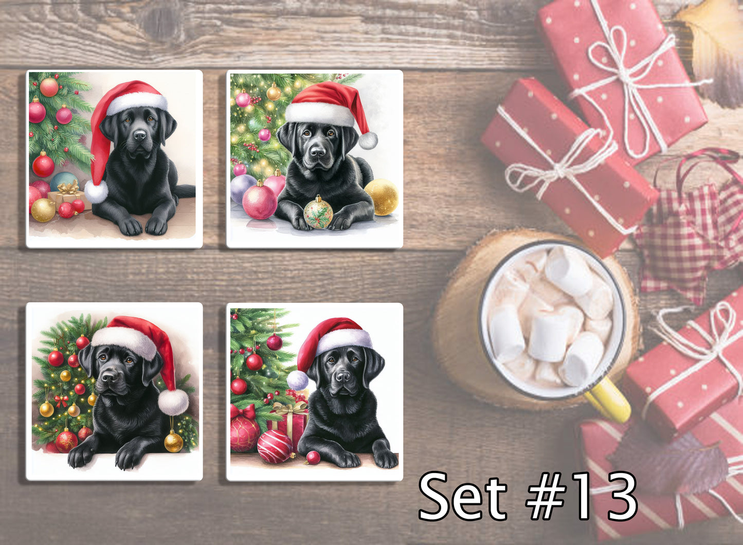 4" Dogs With Santa Hats Christmas Ceramic Coasters