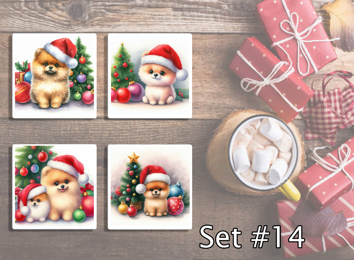 4" Dogs With Santa Hats Christmas Ceramic Coasters