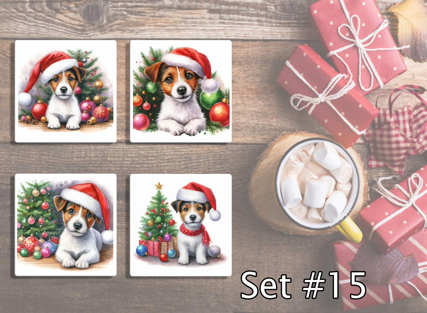 4" Dogs With Santa Hats Christmas Ceramic Coasters