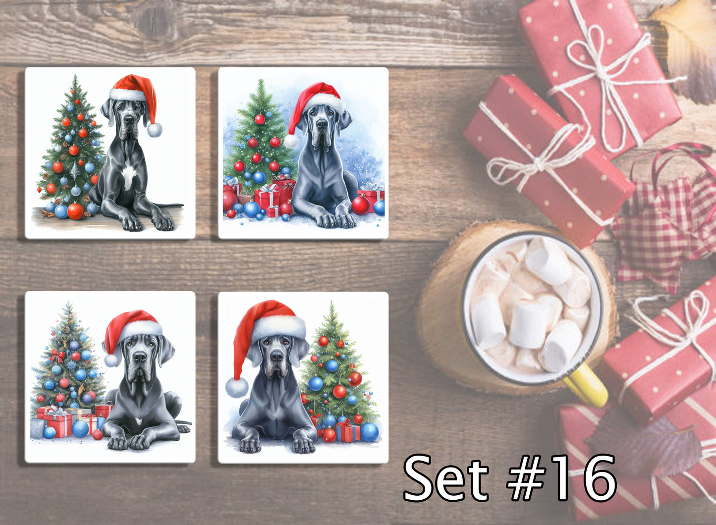 4" Dogs With Santa Hats Christmas Ceramic Coasters