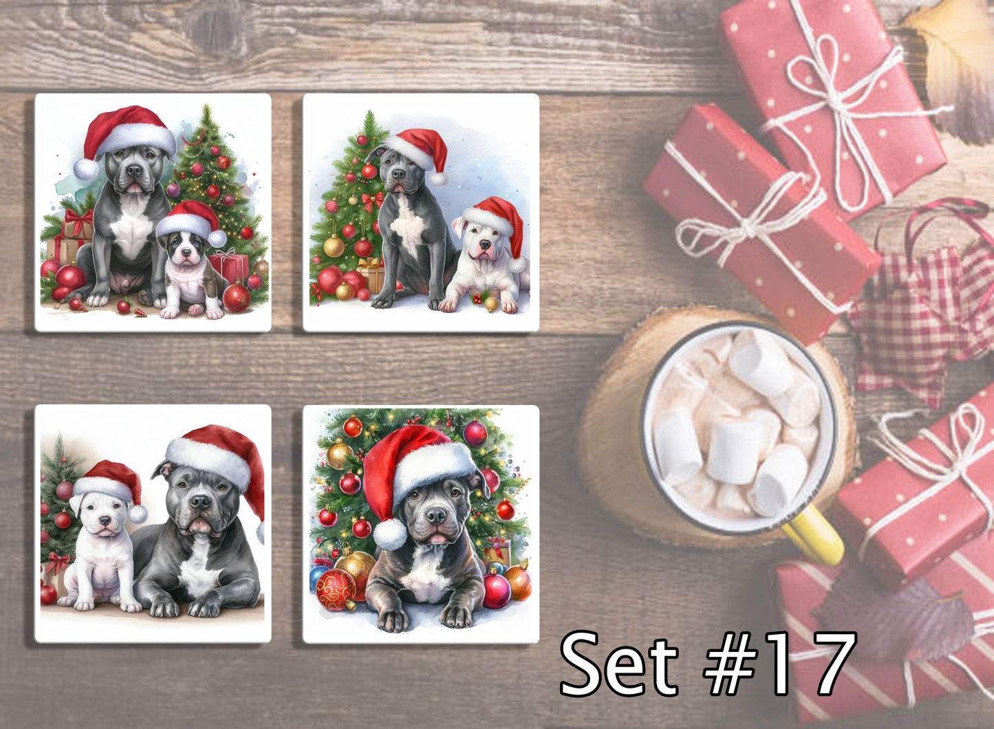 4" Dogs With Santa Hats Christmas Ceramic Coasters