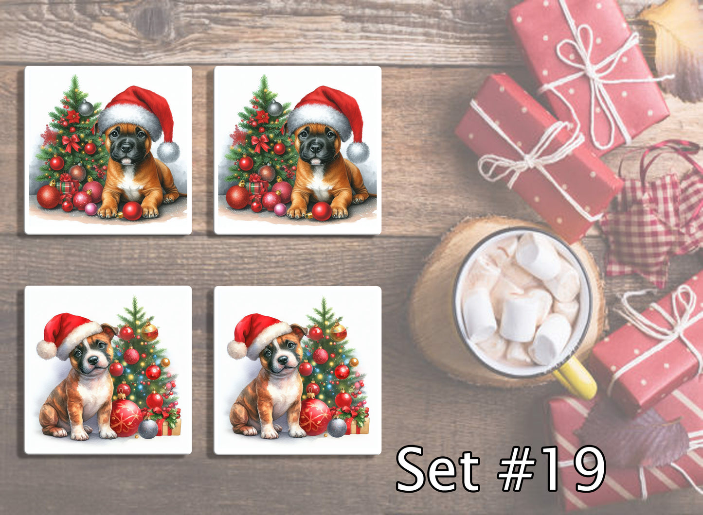 4" Dogs With Santa Hats Christmas Ceramic Coasters