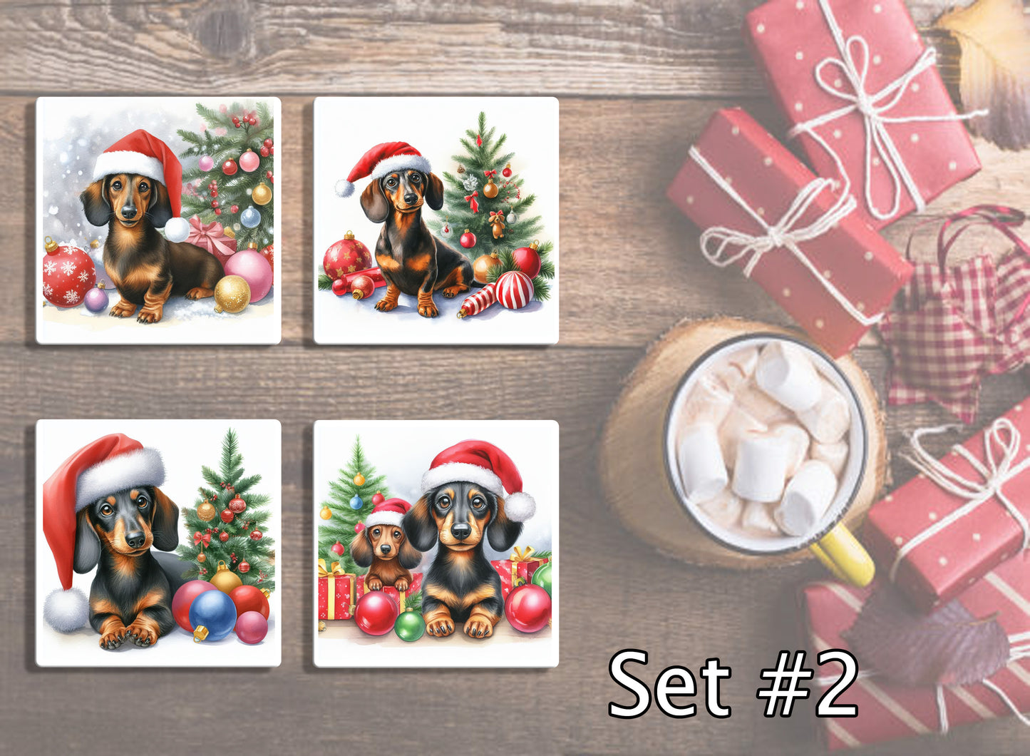 4" Dogs With Santa Hats Christmas Ceramic Coasters