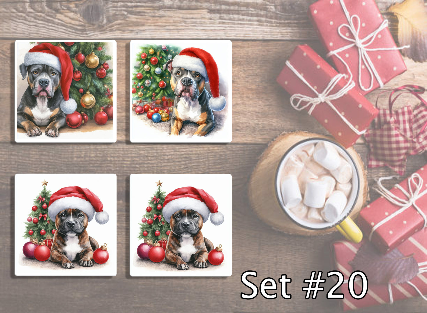 4" Dogs With Santa Hats Christmas Ceramic Coasters