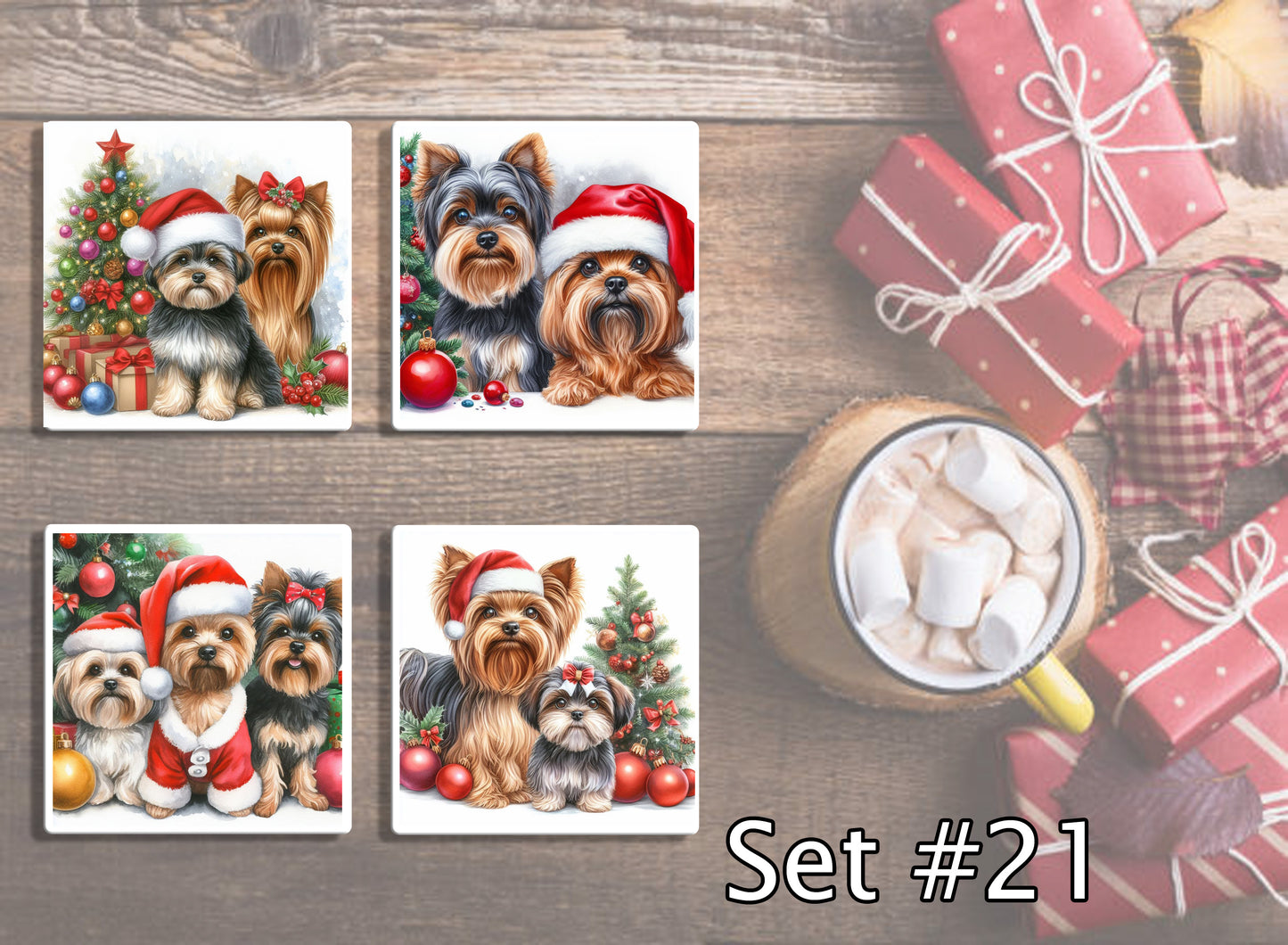 4" Dogs With Santa Hats Christmas Ceramic Coasters