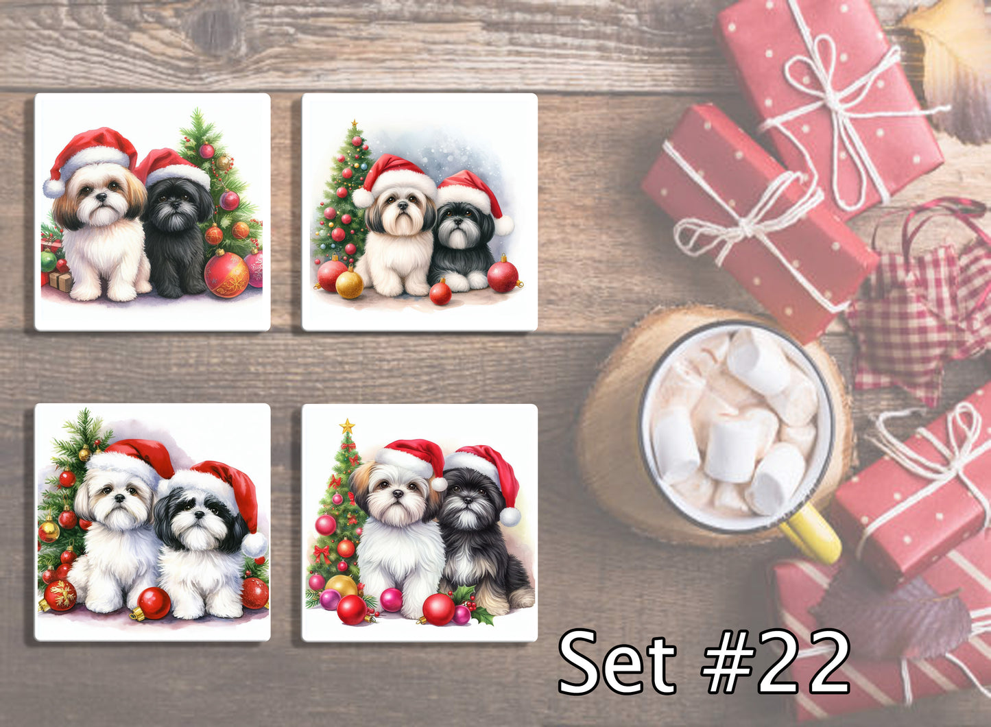 4" Dogs With Santa Hats Christmas Ceramic Coasters