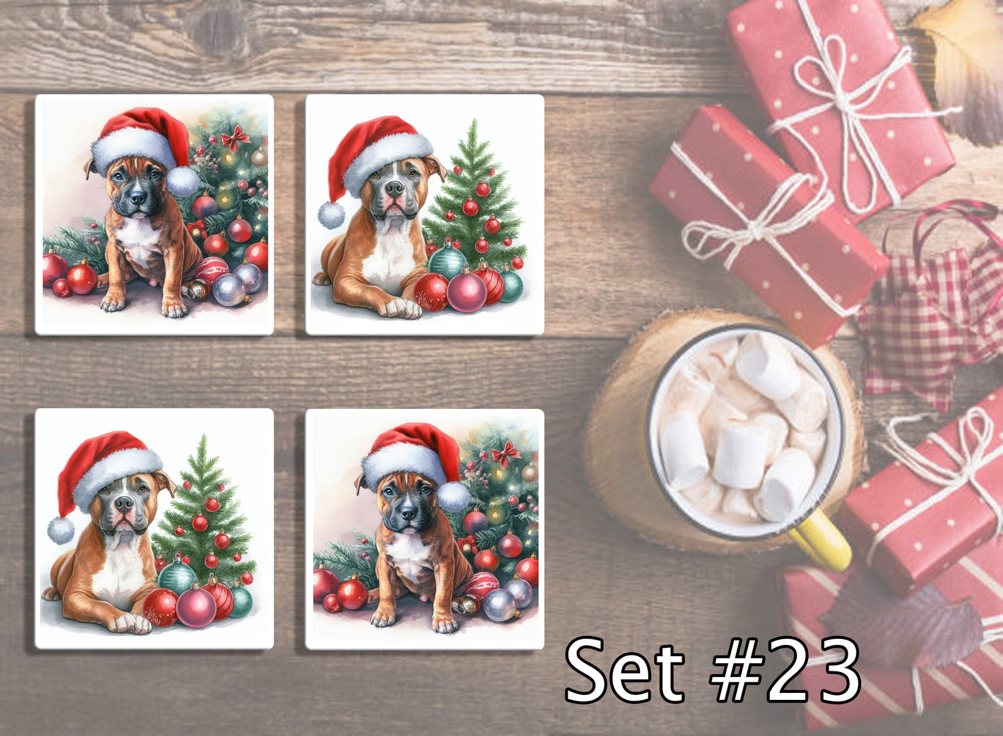 4" Dogs With Santa Hats Christmas Ceramic Coasters