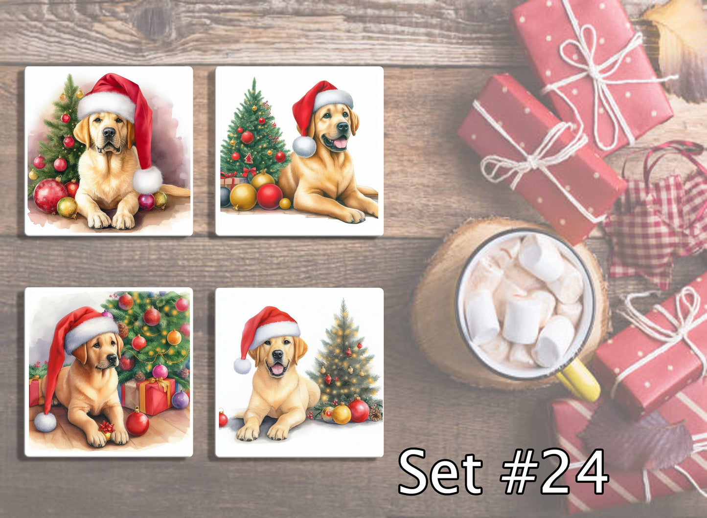 4" Dogs With Santa Hats Christmas Ceramic Coasters