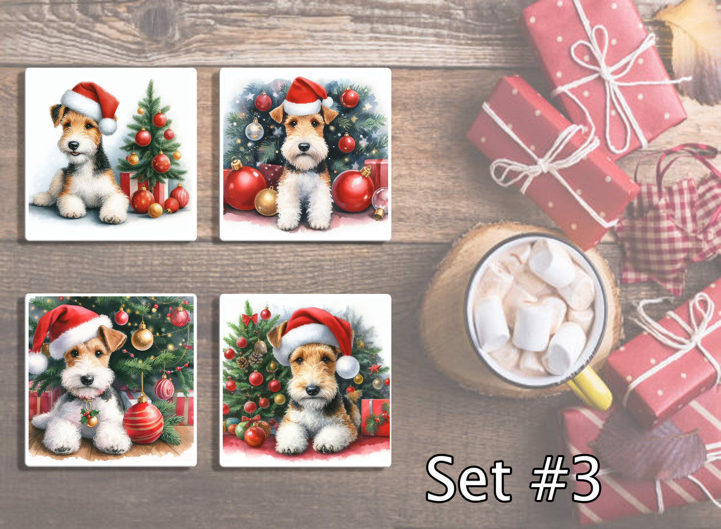 4" Dogs With Santa Hats Christmas Ceramic Coasters