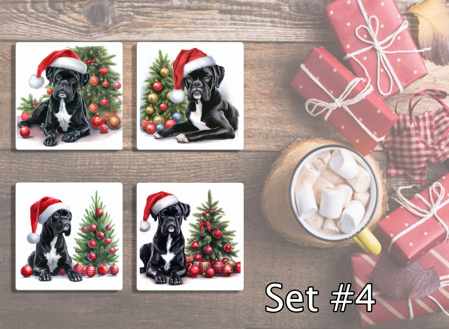 4" Dogs With Santa Hats Christmas Ceramic Coasters