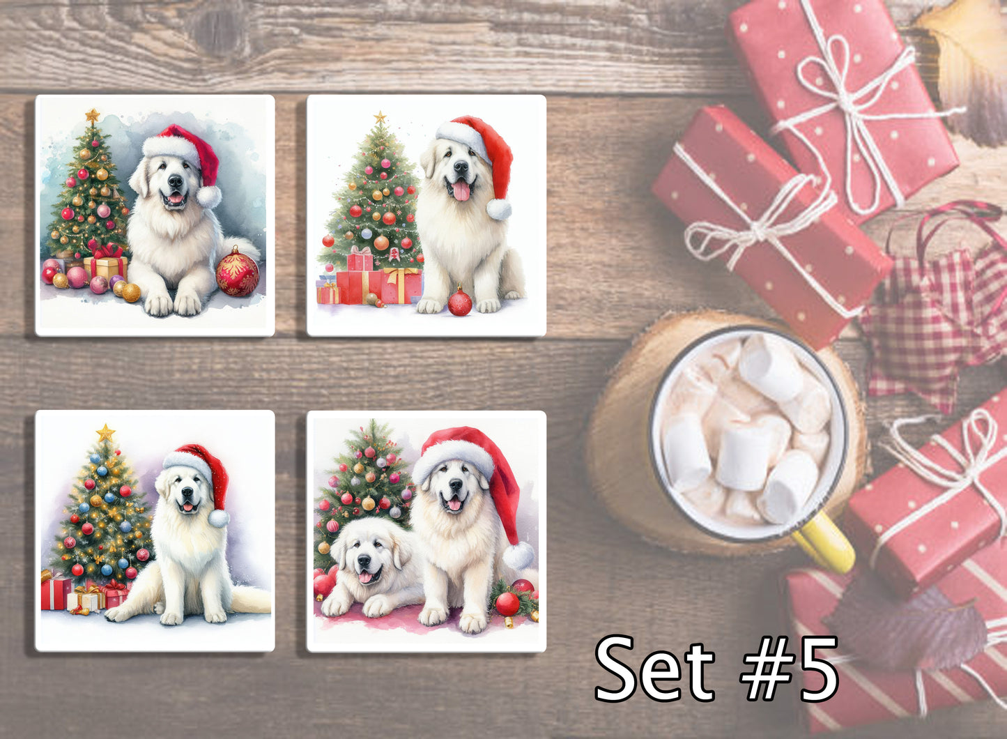 4" Dogs With Santa Hats Christmas Ceramic Coasters
