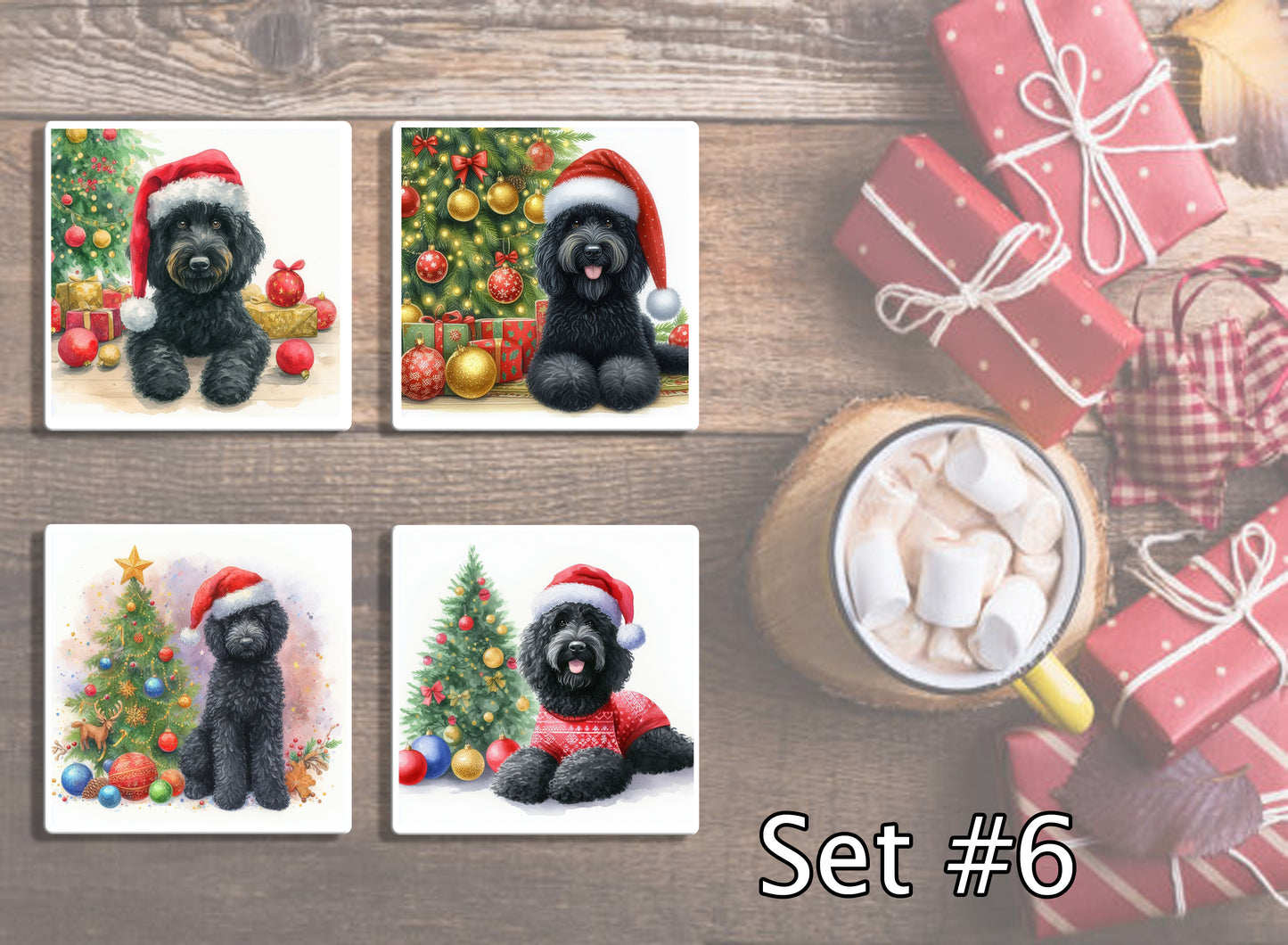 4" Dogs With Santa Hats Christmas Ceramic Coasters