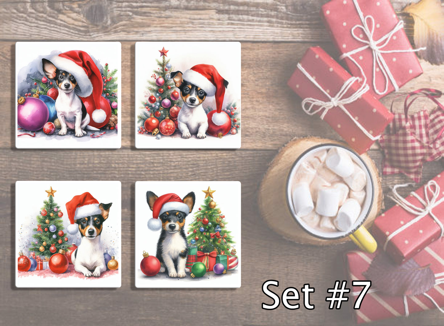 4" Dogs With Santa Hats Christmas Ceramic Coasters