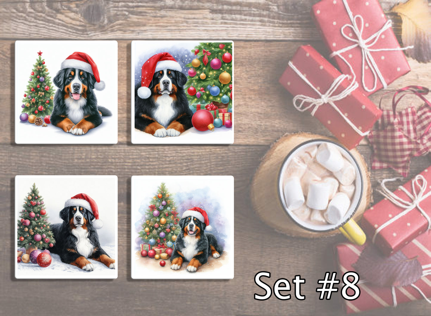 4" Dogs With Santa Hats Christmas Ceramic Coasters