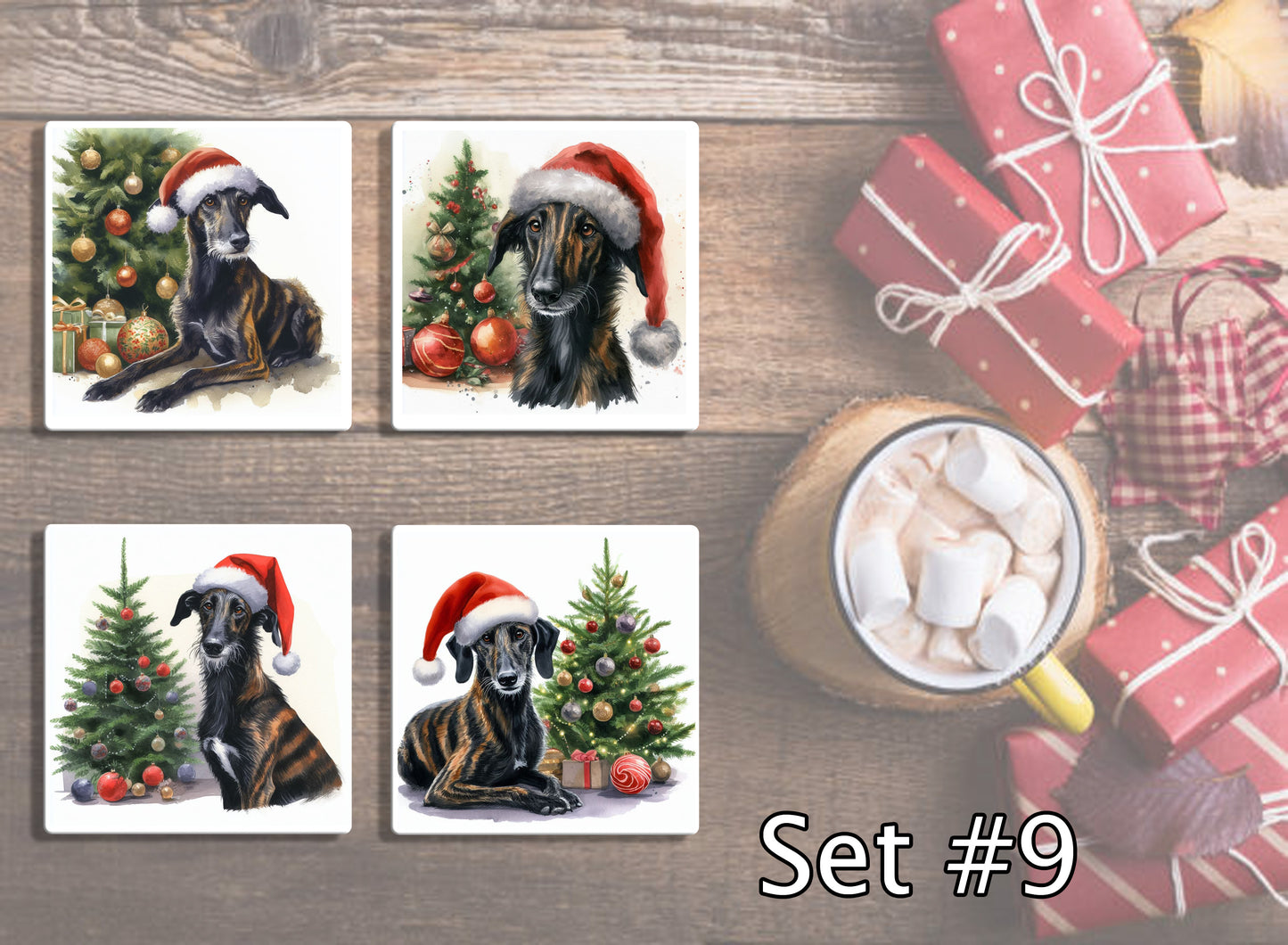 4" Dogs With Santa Hats Christmas Ceramic Coasters