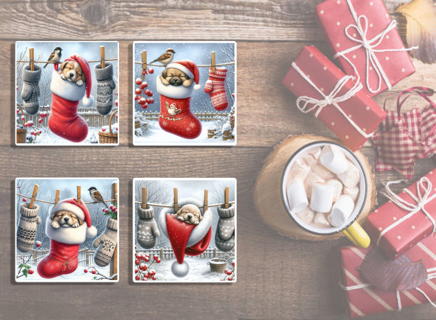 4" Puppies in Stockings & Santa Hats Coasters