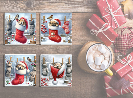 4" Puppies in Stockings & Santa Hats Coasters