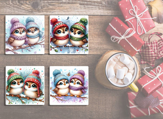 4" Birds with Winter Hats Coasters