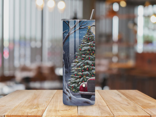 Red Truck Tumbler with Christmas Tree Scene 20oz