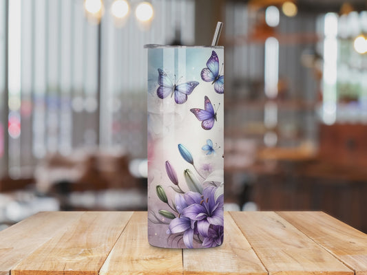 Purple Lilly & Butterflies 20oz Skinny Tumbler