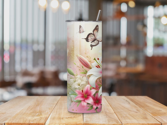 Pink Lilly & Butterflies 20oz Skinny Tumbler
